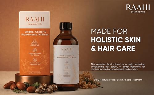 Image of RAAHI Jojoba Oil, Castor Oil and Frankincense Oil Blend for Hair and Skin, 8.45 fl oz / 250 ml, Botanical Moisturizer for Scalp, Face, Body and Hair