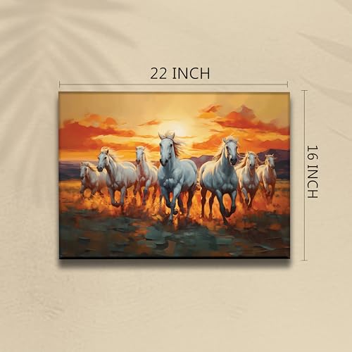 Image of PAINTINGMANTRA Seven White Running Horses Field Wall Art Vastu Feng Shui Multicolor | Canvas Painting Stretched on Wood | Suits For Vastu-Friendly Place, Living Room, Bedroom, Hallways (16x22 Inch)