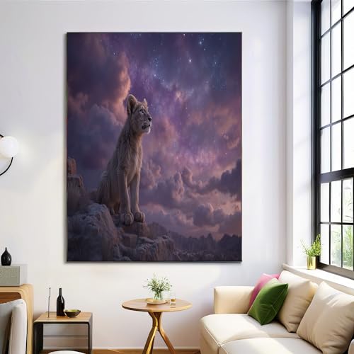 Tableau peinture lion ciel étoilé violet affiche moderne chambre salon