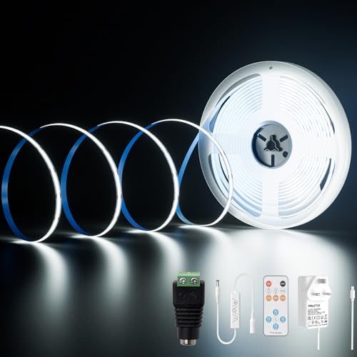 PAUTIX COB LED Strip 6000K Daylight White LED Strip Light 10M Dimmable 24V Flexible LED Tape Light Kit with RF Remote and Mains CRI 93+ 8mm Width for 3D Printer Living Room Cabinet Kitchen Mirror