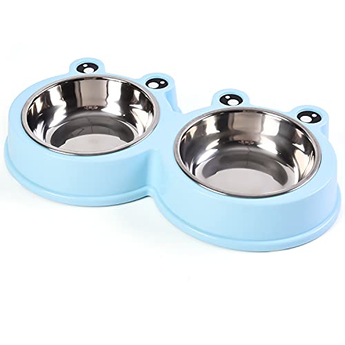 FYIN-HONG Dog Food and Water Bowl, Pet Bowl for Cats and Dogs, Double Premium Stainless Steel Pet Bowls, Non Spill and Non Skid Double Frog Double Bowl with Plastic Base for Cats Puppy Dogs, Blue
