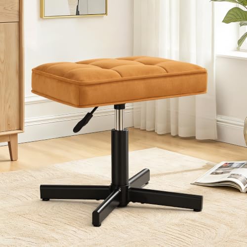 Image of LUE BONA Adjustable Vanity Stool, 15''-19.5'' Foot Rest Under Desk, 360 Swivel Vanity Chair for Makeup Room, Ginger Yellow Upholstered Suede Ottoman for Bathroom & Living Room, 300lbs
