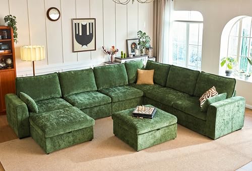 Image of 155.9'' Oversized Modular Sectional Sofa Plush Cloud Couch with Storage, Convertible Deep U-Shaped Couch with Chaises for Living Room, 6-Seater with Corner and 2 Ottomans, Chenille, Green