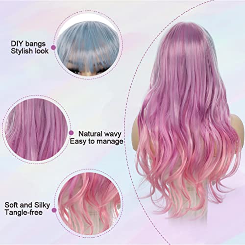 Isweet Long Wavy Wigs With Bangs, 28 Inch Fairy Colored Wig Synthetic Heat Resistant Fiber Mermaid Wigs For Women Cosplay (Light Blue To Light Purple To Pink) #TOP3