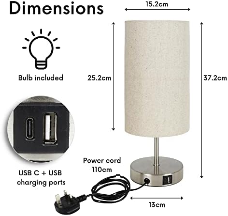 Caza Bedside Lamps, Touch Lamps Bedside with 2 USB Charging Ports, A Bedside Lamp with USB & USB C, Dimmable Bedside Table Lamp with Fabric Shade for Bedroom, Living Room, Office, LED Bulb Included