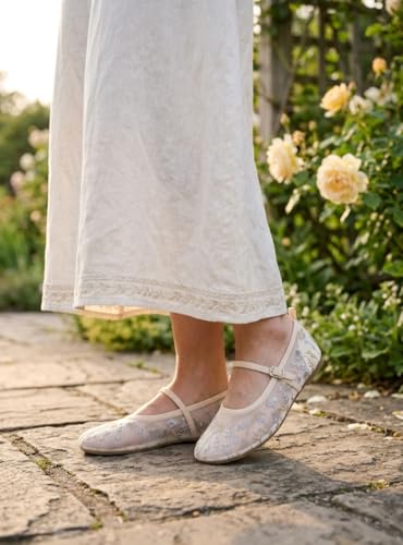 Image of Mesh Ballet Flats for Women Embroidered Floral Mary Jane Flats Round Toe Slip On Ballerina Shoes Comfortable Casual Daily Dress Flat Shoes