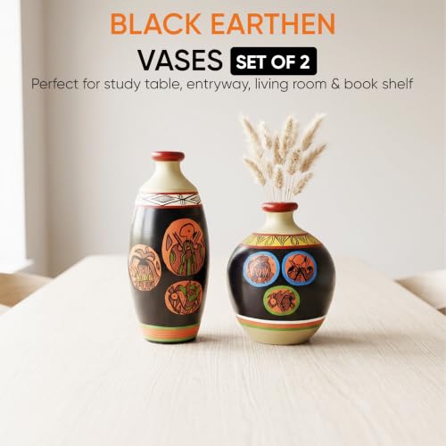 Image of Aakriti Art Creations Black Earthen Terracotta Vases Set of 2 with Madhubani Tattoo Art | Handmade Matte Finish Decorative Flower Vases for Living Room Table Decor & Home Gifting