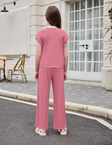 Image of Arshiner Girls Summer 2 Piece Outfits Ribbed Short Sleeve Twist Front Tops and Wide Leg Pants Kids Loungwear Set Tracksuit