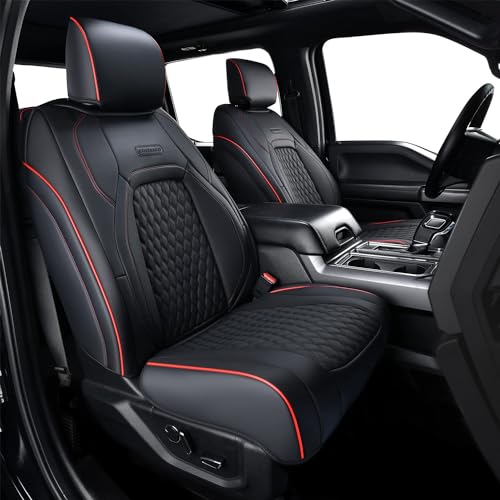 Coverado Full Set Leather Car Seat Covers for F150,Waterproof Automotive Seat Covers for Cars,SUVs,Pickup Trucks,Compatible with 2015-2025 F150 SuperCrew,2017-2025 F250 F350 F450 Crew Cab, Black/Red