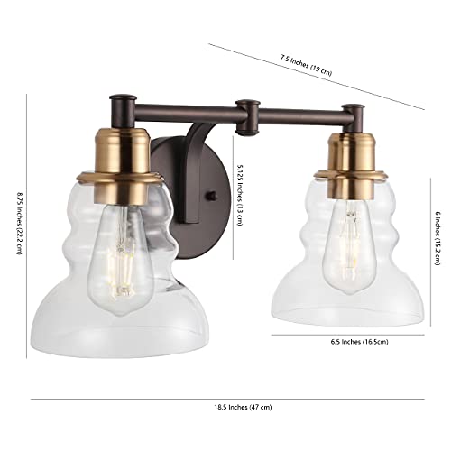 Image of JONATHAN Y 18.5 inch Brass Gold /Oil Rubbed Bronze Modern Industrial Rustic 2-Light LED Vanity Light with Clear Glass Shade, Vintage Wall Sconce for Bathroom Kitchen Hallway, LED Bulb Included (JYL3545A)