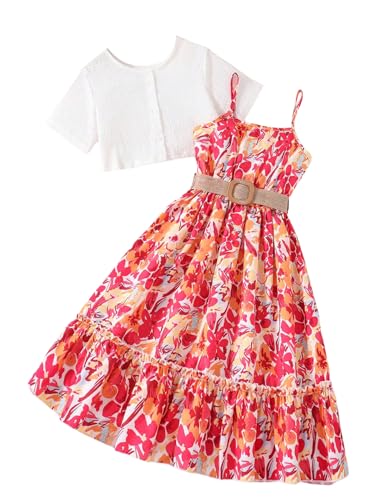 OYOANGLE 2 Piece Outfits Floral Print Cute A Line Cami Dress and Short Sleeve Button Front Top Sets with Belt