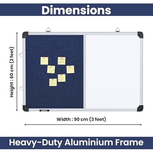 Image of GOSHU Combination White Board 2 feet x3 feet & Blue Pin-Up Notice Board | Non-Magnetic Dual Board for Home, Office & School (2x3 feet, Pack of 1 Item)