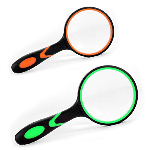 2 Pcs Magnifying Glass Handheld Reading Magnifier for Seniors & Kids, AIFUDA Large Magnifying Lens with Non-Slip Rubber Handle for Book Newspaper Reading and Hobby Observation - Green, Orange