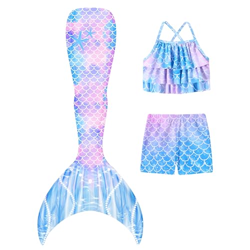 Ghteas Girls Mermaid Bathing Suit 3PCS Cute Ruffle Tankini Swimsuits with Boyshort Fish Tail Kids Beach Swimwear 3-11Y