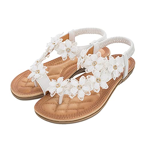 Ladies Flower Accessory Round Toe Thong Flat Beach Sandals,Summer Bohemian Elastic Ankle Strap Comfortable Flower Sandals.