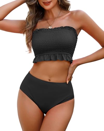 Tempt Me Women Bandeau High Waisted Bikini Sets Smocked Swimsuit Strapless Two Piece Bathing Suit