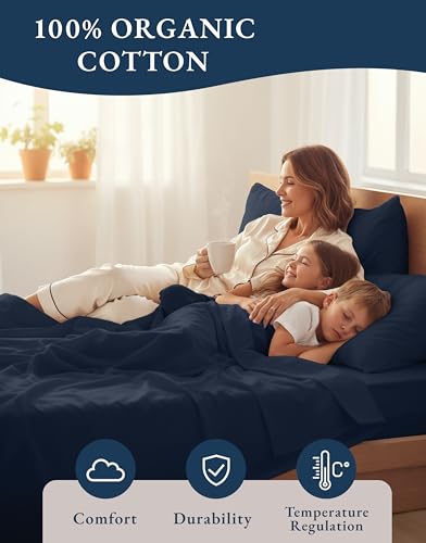 Image of LANE LINEN 100% Organic Cotton California King Bed Sheets, 4-Piece Pure Percale Sheets Soft Breathable Cotton Bed Sheets, Deep Cal King Sheets for Thick Mattress - Navy