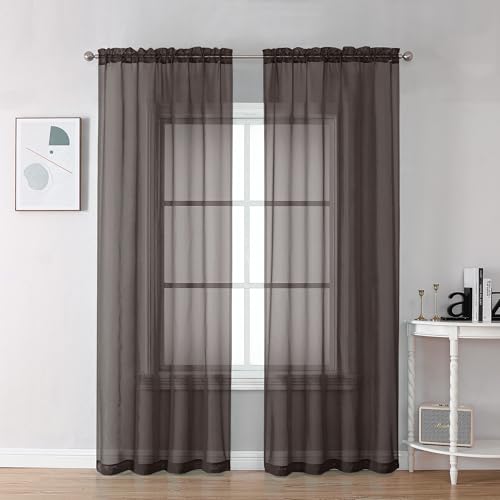 Image of Chyhomenyc Chocolate Brown Sheer Curtains 78 Inches Long 2 Panels Set for Living Room, Light Filtering Voile Lightweight Bedroom Curtains, Rod Pocket Solid Window Treatment Drapes, Each 42W x 78L