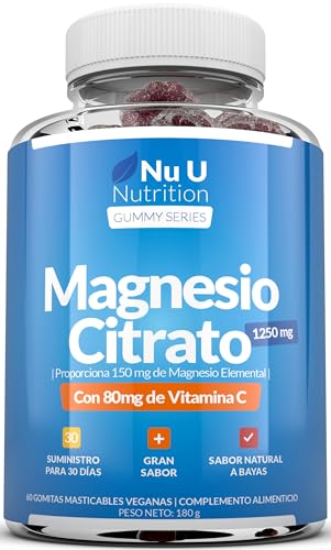 Citrato de Magnesio 1250 mg para Adultos y Niños (5+) - 60 Gomitas Veganas - Sabor a Bayas Rojas - Aportan 150 mg de Mag Elemental y 80 mg de Vitamina C - Fabricado en Europa - Nu U Nutrition