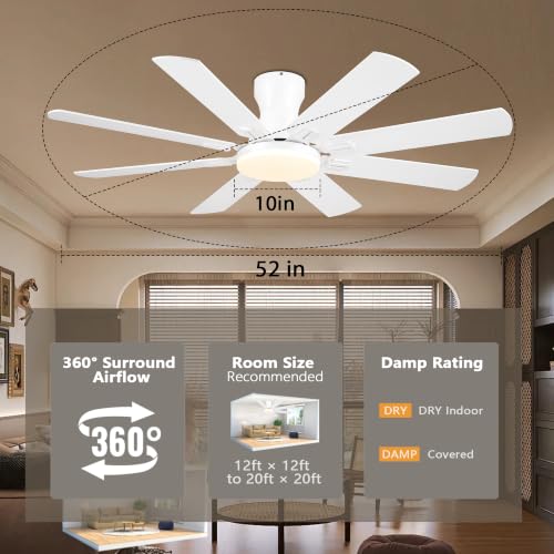 Image of JSAITEE Ceiling Fans with Lights, 52 Inch Low Profile Ceiling Fan,White | Ceiling FanCeiling with Light Flush Mount, DC Reversible Motor, Noiseless, White 6 Speeds Ceiling Fan for Bedroom