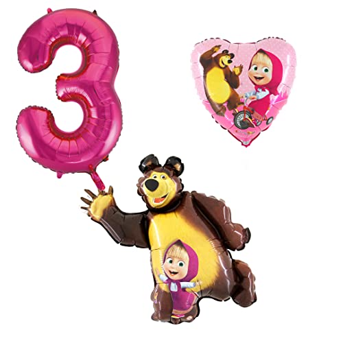 Juego de 3 Globos de Papel de Aluminio Masha y el Oso, 3 Unidades, Color Rosa, Aptos para Helio