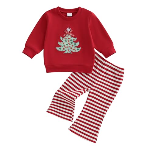 Toddler Baby Girl Christmas Outfit Bow Christmas Tree Embroidery Long Sleeve Sweatshirt Flared Pants Set Xmas Clothes
