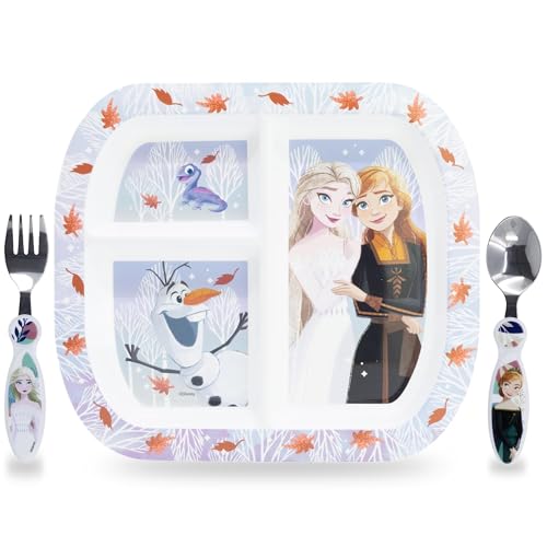 Sorrisini Vaisselle Réutilisable Frozen, Assiettes Divisées 3 Pièces, Set Sevrage pour enfants, Assiette et Couverts en Acier Inoxydable, Vaisselle en...