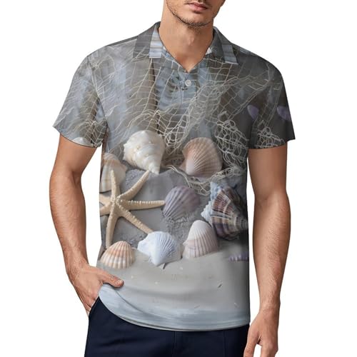 Starfish Shell on Teal Board Novelty Men's Short Sleeve Shirts Funny Golf Tennis Work T-Shirt Sport Tee L