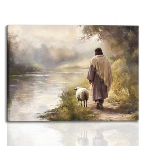 Framed Jesus Wall Art Jesus and the Lamb Walking by the River Inspirational Religious Canvas Print, Wall Decor Gallery for Living Room, Prayer Room or Church 12x16 In