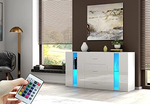 Panana Sideboard Modern Living Room Cupboard Unit Cabinet Furniture 2 Doors 3 Drawers LxDxH 135x32x70cm (White)