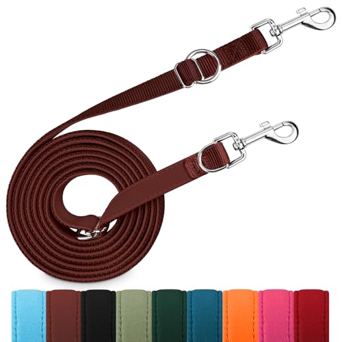 Hundeleine für Kleine & Mittelgroße Hunde bis 30 kg, 3 m Verstellbare Schleppleine Doppelleine, Verdickte Freihandleine Übungsleine Führleine aus Nylon mit 2 Karabiner,Braun