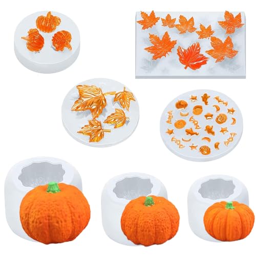 Junhui 7 peças molde de silicone velas de abóbora, conjunto de moldes de resina 3D Halloween, molde de silicone de folha de ácer para decoração de Halloween, festas