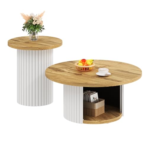 Merax Couchtisch Set, 75x75x50+45x45*35cm, doppelter runder Wohnzimmertisch mit Beistelltisch, mit Naturholzoptik, skandinavischer Stil, moderner Sofatisch für Wohnzimmer, Natur – Bild 5