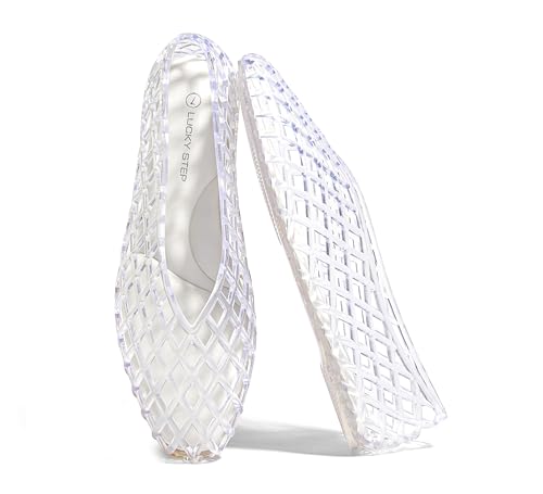 LUCKY STEP Women's Jelly Ballet Flats Mesh Casual Comfortable Jellies Shoes Clear Hollow Breathable Sandals(10 M US Transparent)