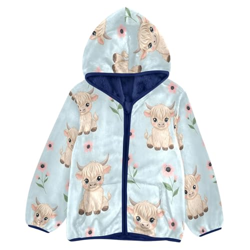 Cute Highland Cows with Flowers Toddler Fleece Jacket Girl Boys Hooded Fleece Jacket Coat Warm Outwear Zip-up 3-10T
