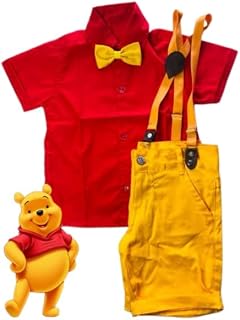 Ursinho Pooh Kit Roupa Conjunto Infantil Menino 4 Peças Camisa Gravata Bermuda e Suspensório Aniversário Mesversário
