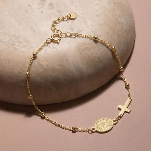 Image of MIONZA Catholic Medal Cross Bracelet for Women | 14K Gold Plated or Solid Gold, Religious Rosary Jewelry, Choose Your Saint Medal Bracelet