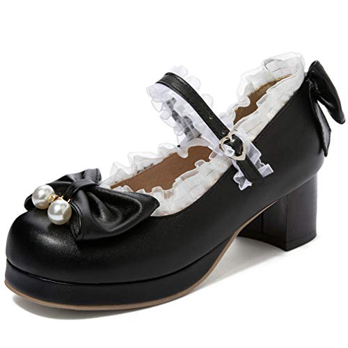 Image of LUXMAX Women Kawaii Mid Block Heel Mary Jane Rockabilly Pumps with Bow Platform Chunky Heel Cute Sweet Shoes
