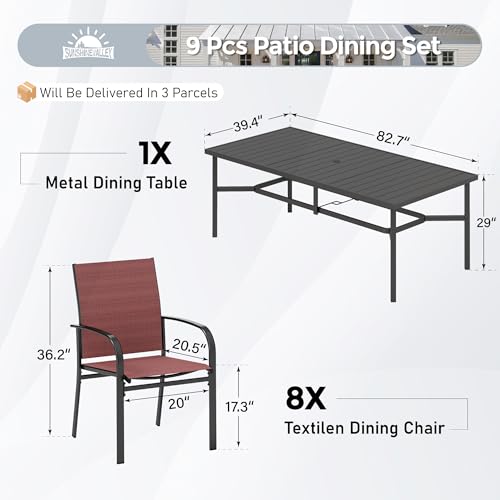 Image of SUNSHINE VALLEY 9pc Patio Dining Set, 83 inch Metal Table & 8 Red Chairs