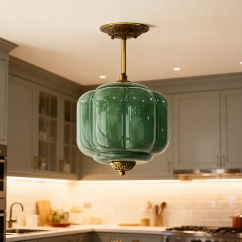MIXL-Modern Milk Glass Ceiling Pendant Light,Semi Flush Mount Green Glass Ceiling Light Fixture,Art Deco Hallway Lighting Fixture,Antique Gold Pendant Lamp for Living Room Bedroom