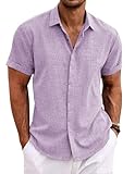 COOFANDY Men's Linen Shirts Short Sleeve Casual Shirts Button Down Shirt for Men Beach Summer Wedding Shirt Lavender