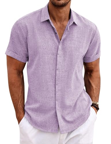 Image of COOFANDY Men's Linen Shirts Short Sleeve Casual Shirts Button Down Shirt for Men Beach Summer Wedding Shirt