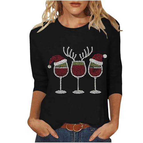 Weihnachtsbluse Damen 3/4 Arm Weihnachtsshirt Glitzer Oberteile mit...