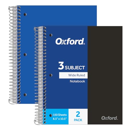 Carnets à spirales Oxford 3 sujets à lignes larges avec couverture plastique durable x2