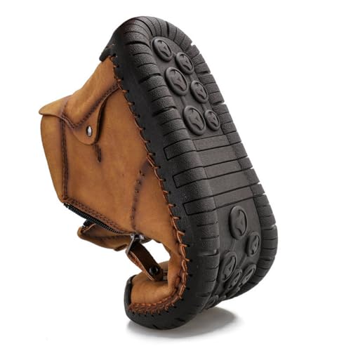 Men's Casual Leather Loafers Fashion Comfortable Chelsea Boots Hand Stitched Slip On Mid-top Shoes Yellow (Velvet) 74