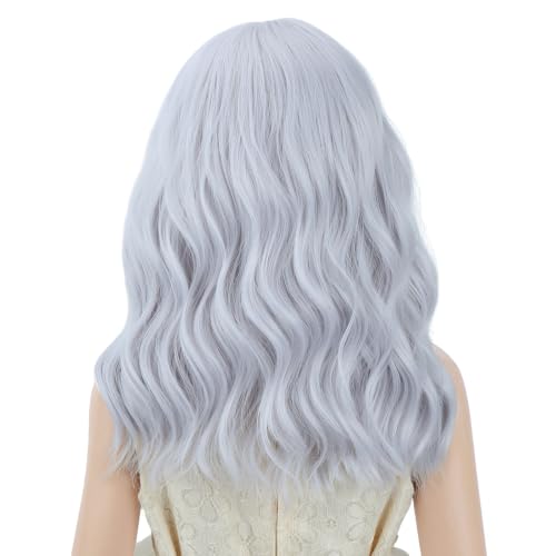 Image of PATTNIUM Silver White Wig for Kids Girls Short Curly Wavy Wigs with Bangs Shoulder Length Wavy Heat Resistant Synthetic Wig Halloween Cosplay Costume Party Wig