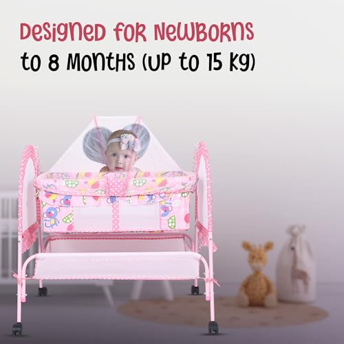 Image of FLIPZON Baby Cradle with Mosquito Net & Lockable Wheels | Foldable Baby Jhula /Palna with Storage Basket & Soft Mattress | Portable Newborn Baby Bed Crib for Infants (Pink)