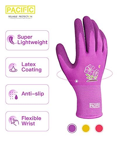 Pacific Ppe 3 Pairs Gardening Gloves For Women And Ladies, Rubber Coated Garden Gloves, Outdoor Protective Work Gloves, Medium Size Fits Most, Purple & Yellow & Red #TOP1