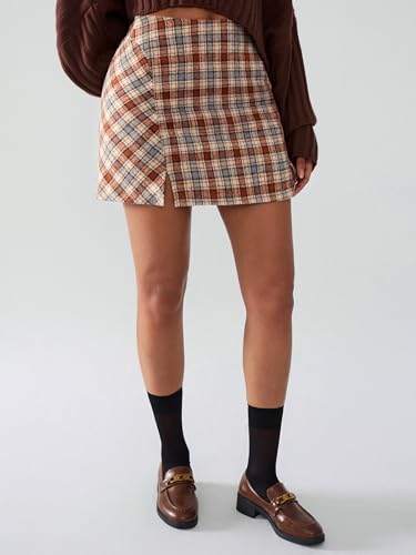 EXLURA Women\'s Fashion Faux Wool Mini Skirt High Waisted Y2K Trendy Side Slit Tweed Plaid Skirts 2025 Fall Winter Outfits Orange - Thumbnail 7