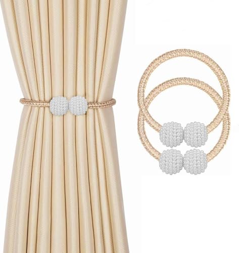 Image of INOVERA (LABEL) 2 Pieces Magnetic Curtain Tiebacks - Decorative Windows Curtain Tie Rope - Drapery Holdbacks for Home, Office (Beige)